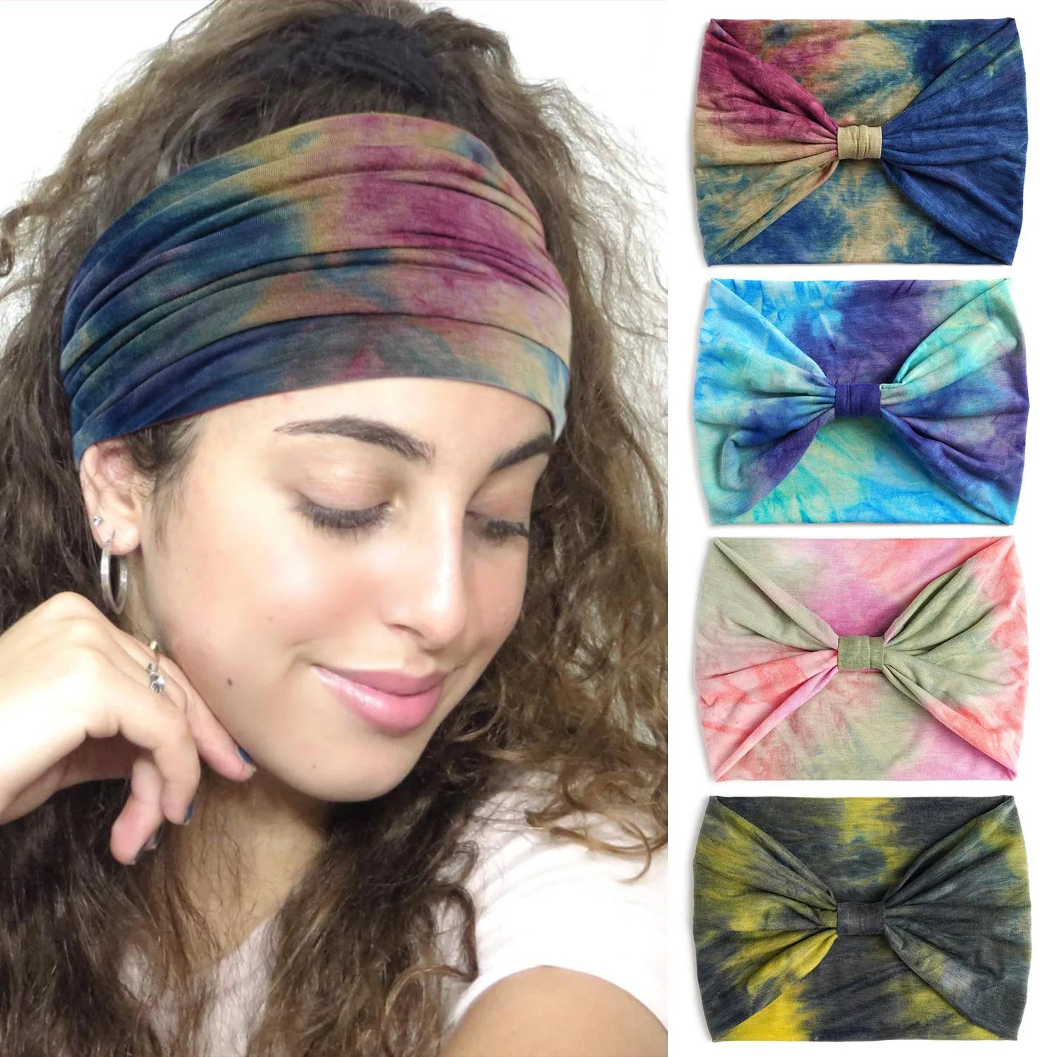 18.5cm Width Headbands for Women Boho Tie Dye Yoga Wide Knotted Sport Head Wraps Turbans Gym Hairband Running Hair S